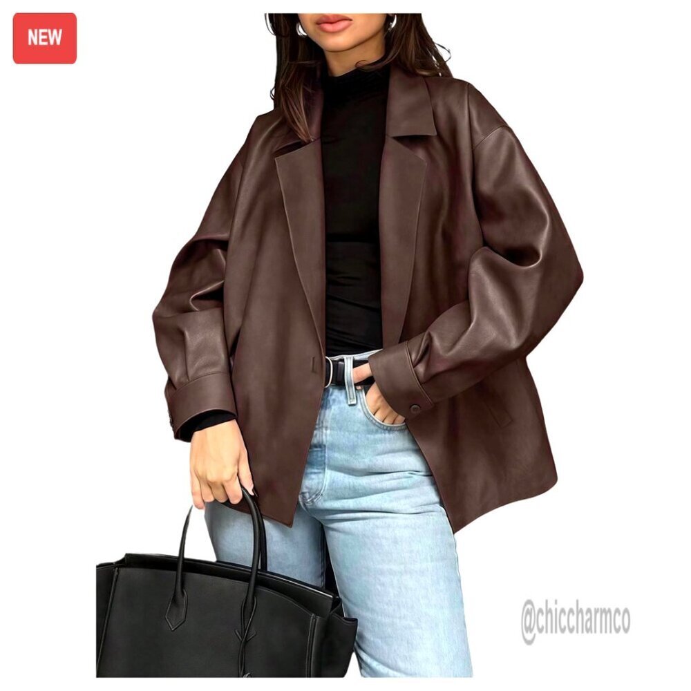 Faux Leather Blazer Lapel Collar Oversized Business Work Jacket Open Front